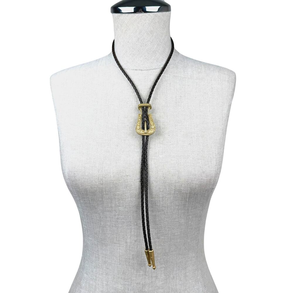 Vintage Western Buckle-Shaped Bolo Tie Brown Braided Leather Embossed Floral